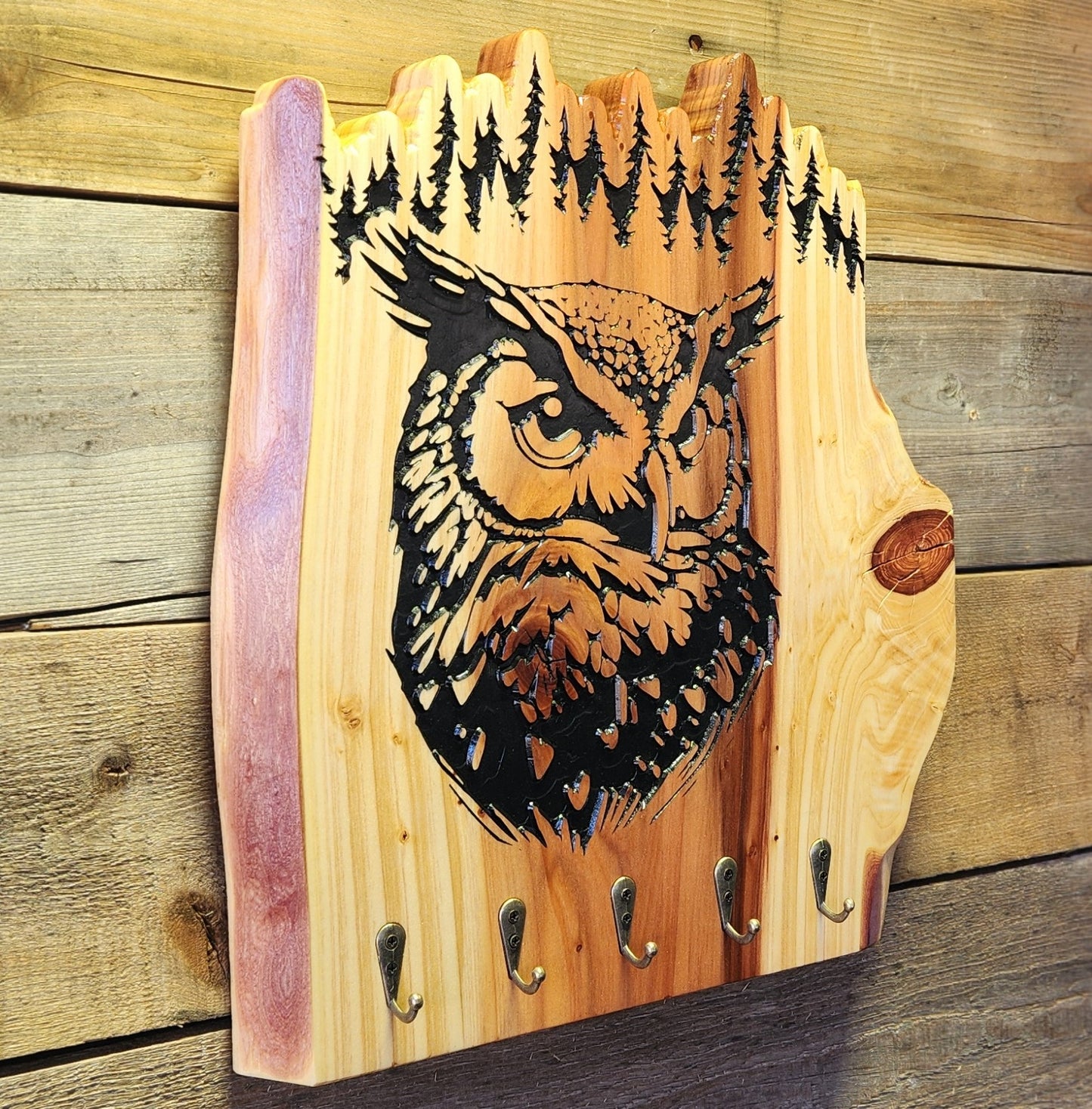 Rustic Carved Owl Key Hook Decor on Live Edge Redwood
