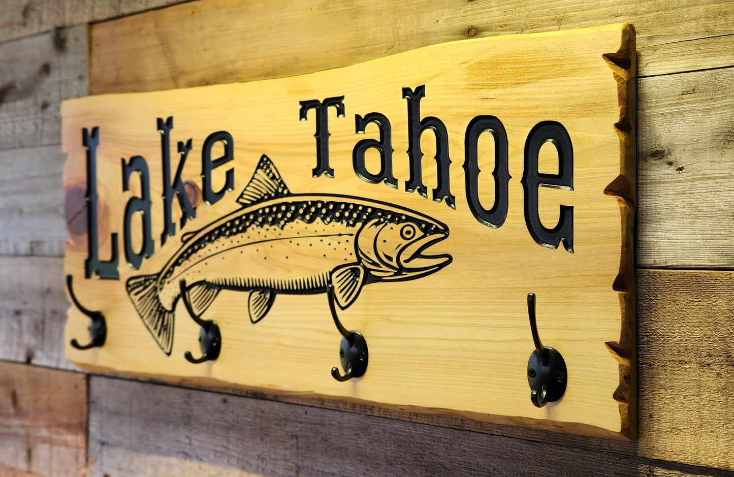 Rustic Lake Tahoe Cabin Coat and Hat Rack on Live Edge Cedar Wood Slab.