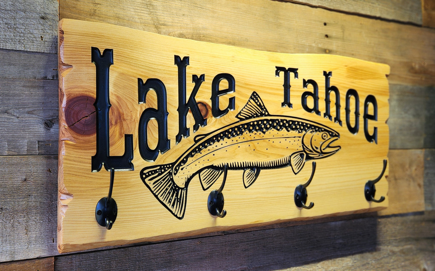 Rustic Lake Tahoe Cabin Coat and Hat Rack on Live Edge Cedar Wood Slab.