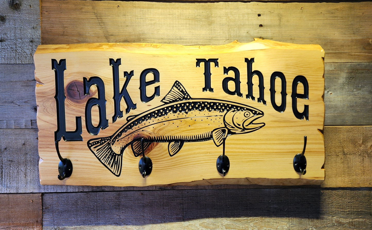 Rustic Lake Tahoe Cabin Coat and Hat Rack on Live Edge Cedar Wood Slab.