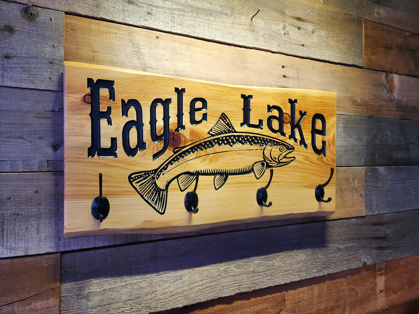 Rustic Eagle Lake Cabin Coat and Hat Rack on Live Edge Cedar Wood Slab