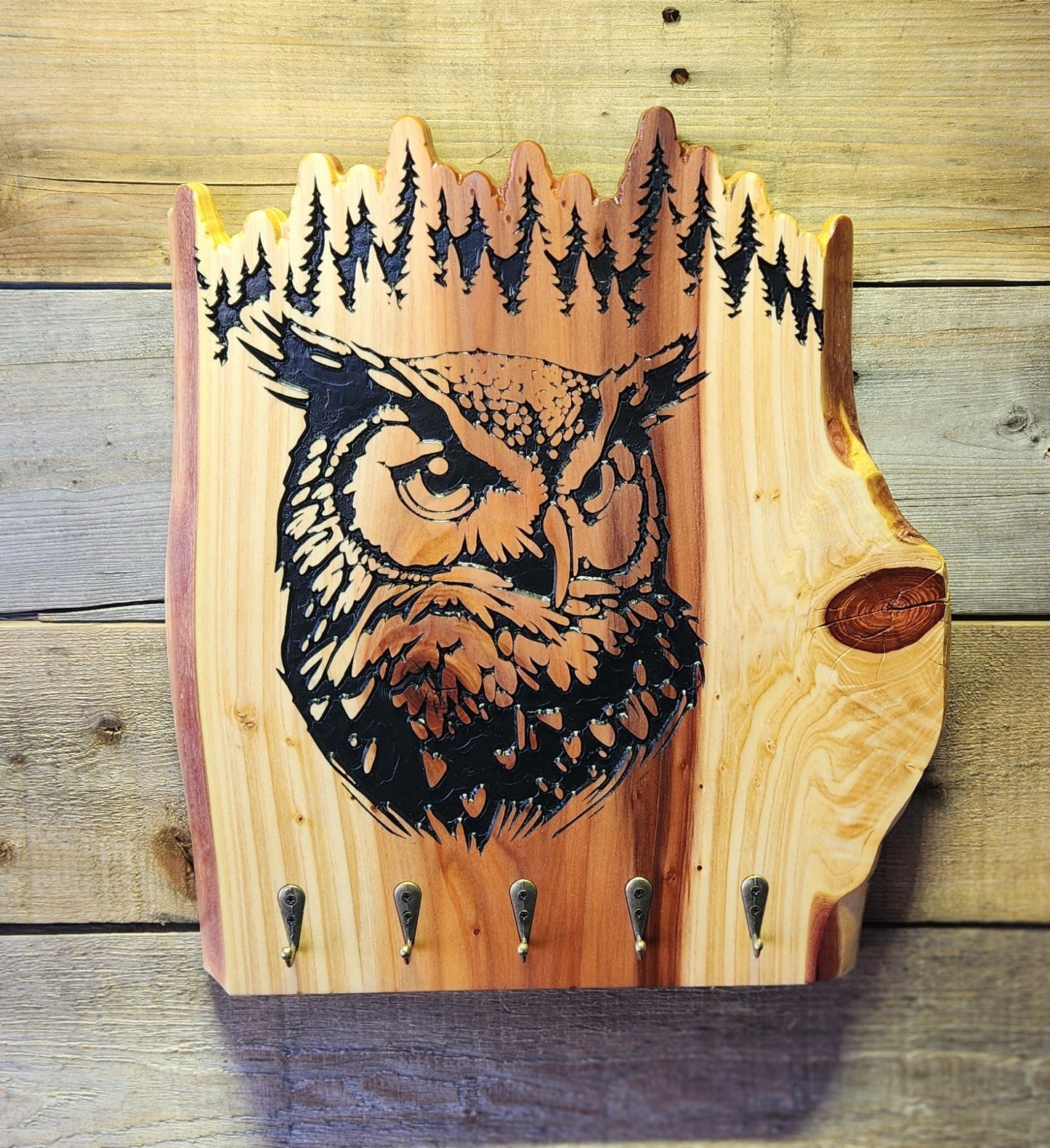 Rustic Carved Owl Key Hook Decor on Live Edge Redwood