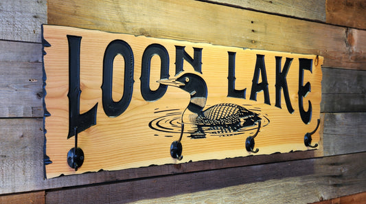 Rustic Loon Lake Cabin Coat and Hat Rack with Personalizable Option