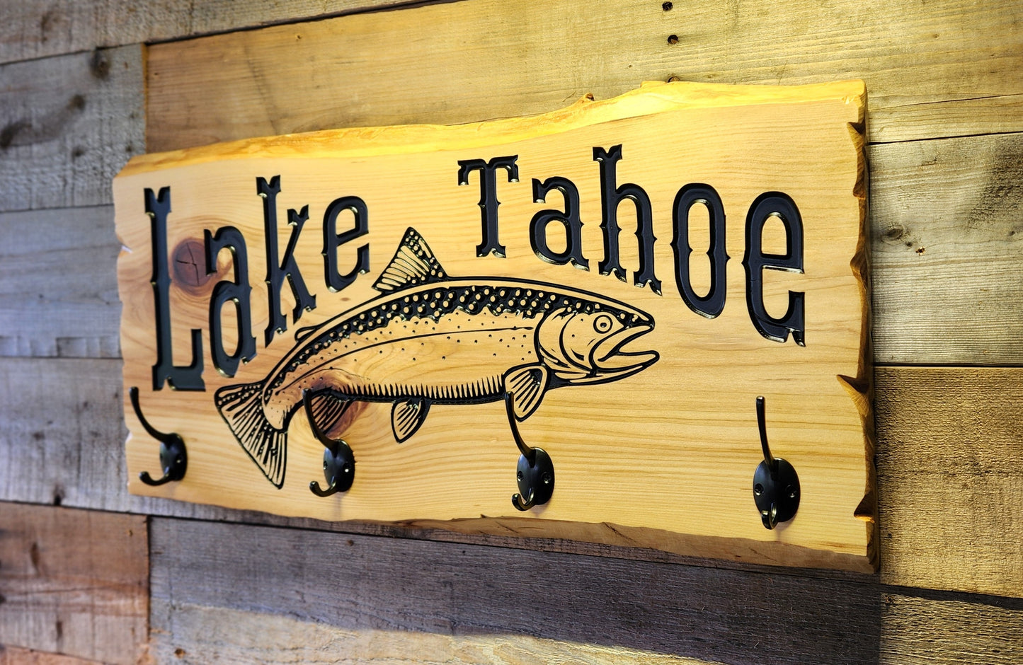 Rustic Lake Tahoe Cabin Coat and Hat Rack on Live Edge Cedar Wood Slab.