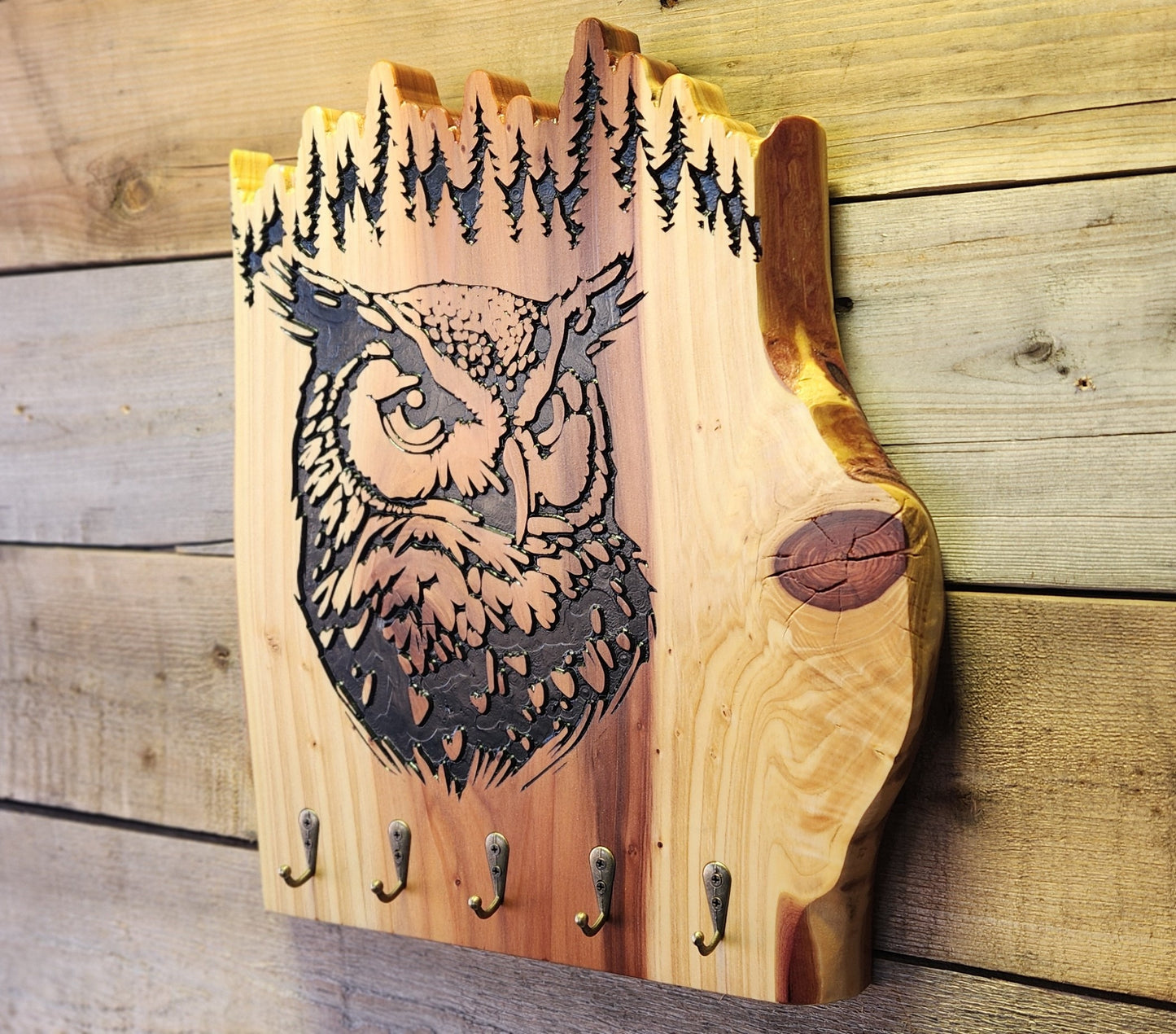 Rustic Carved Owl Key Hook Decor on Live Edge Redwood