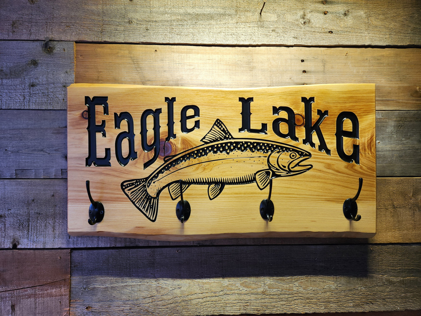 Rustic Eagle Lake Cabin Coat and Hat Rack on Live Edge Cedar Wood Slab
