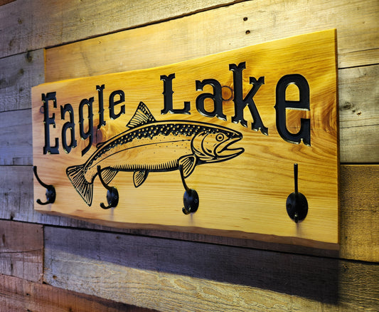 Rustic Eagle Lake Cabin Coat and Hat Rack on Live Edge Cedar Wood Slab