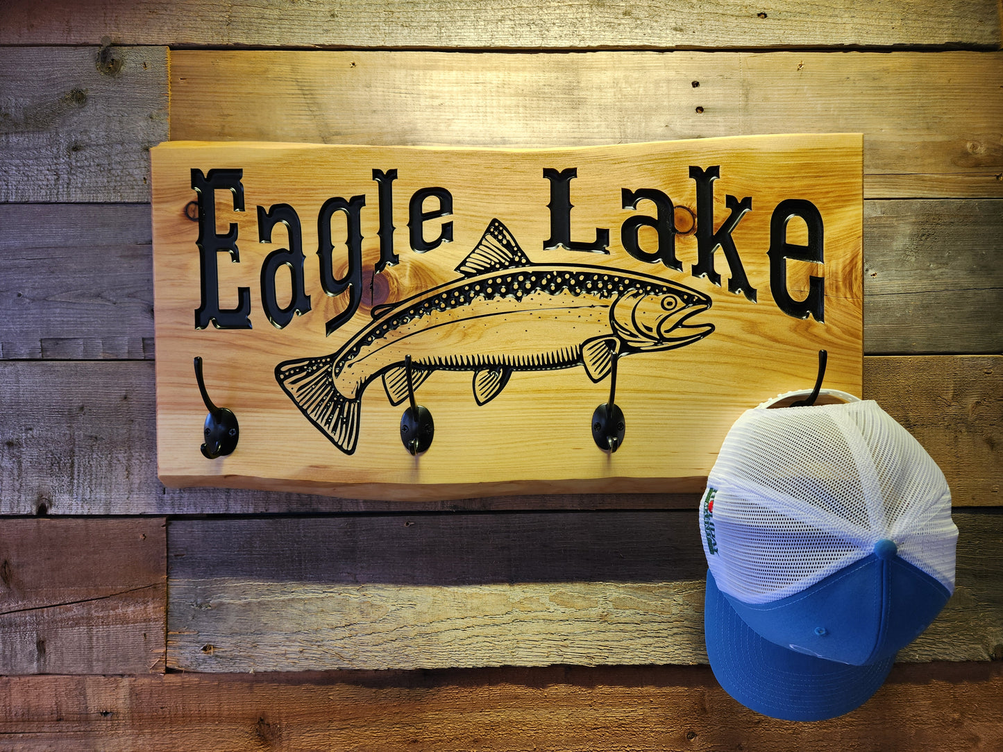 Rustic Eagle Lake Cabin Coat and Hat Rack on Live Edge Cedar Wood Slab